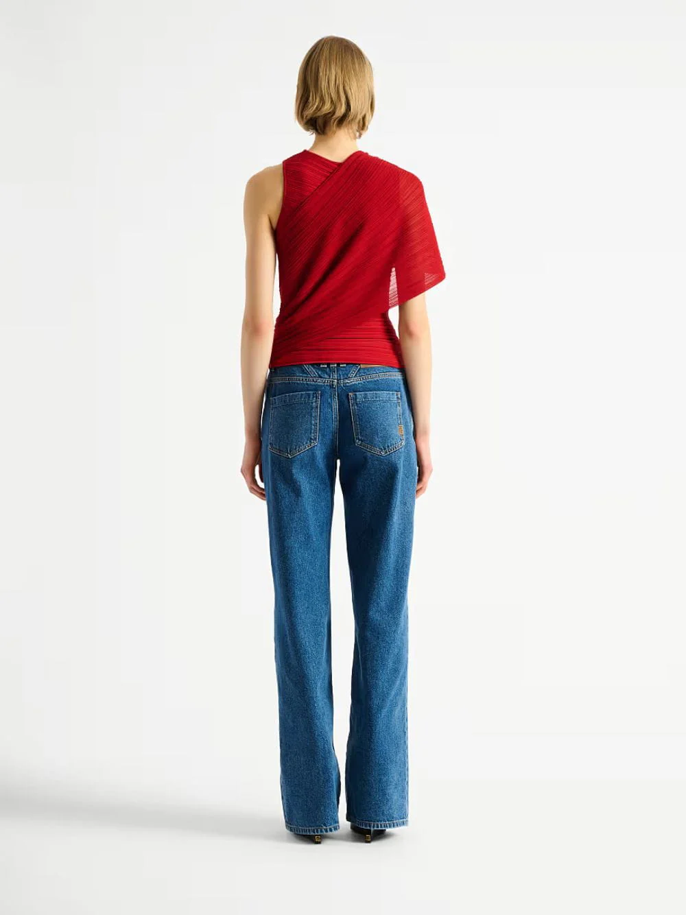Red Asymmetrical Draped Viscose Top - Image 3