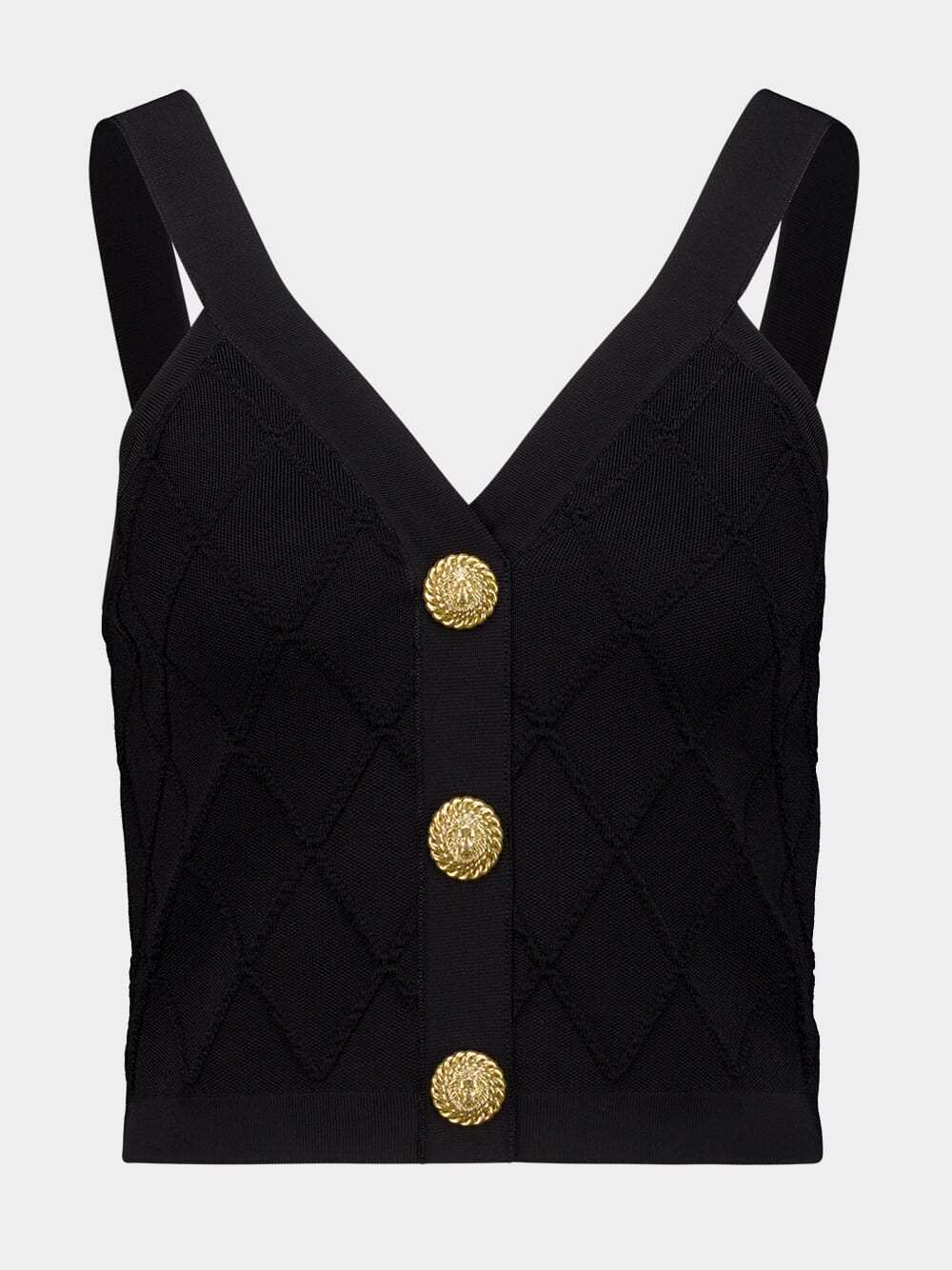 Black Quilted Knit V-Neck Top