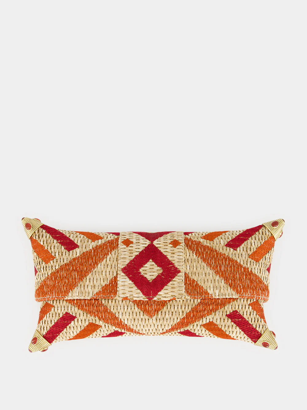 Cecil Natural Coral Embroidered Straw Clutch