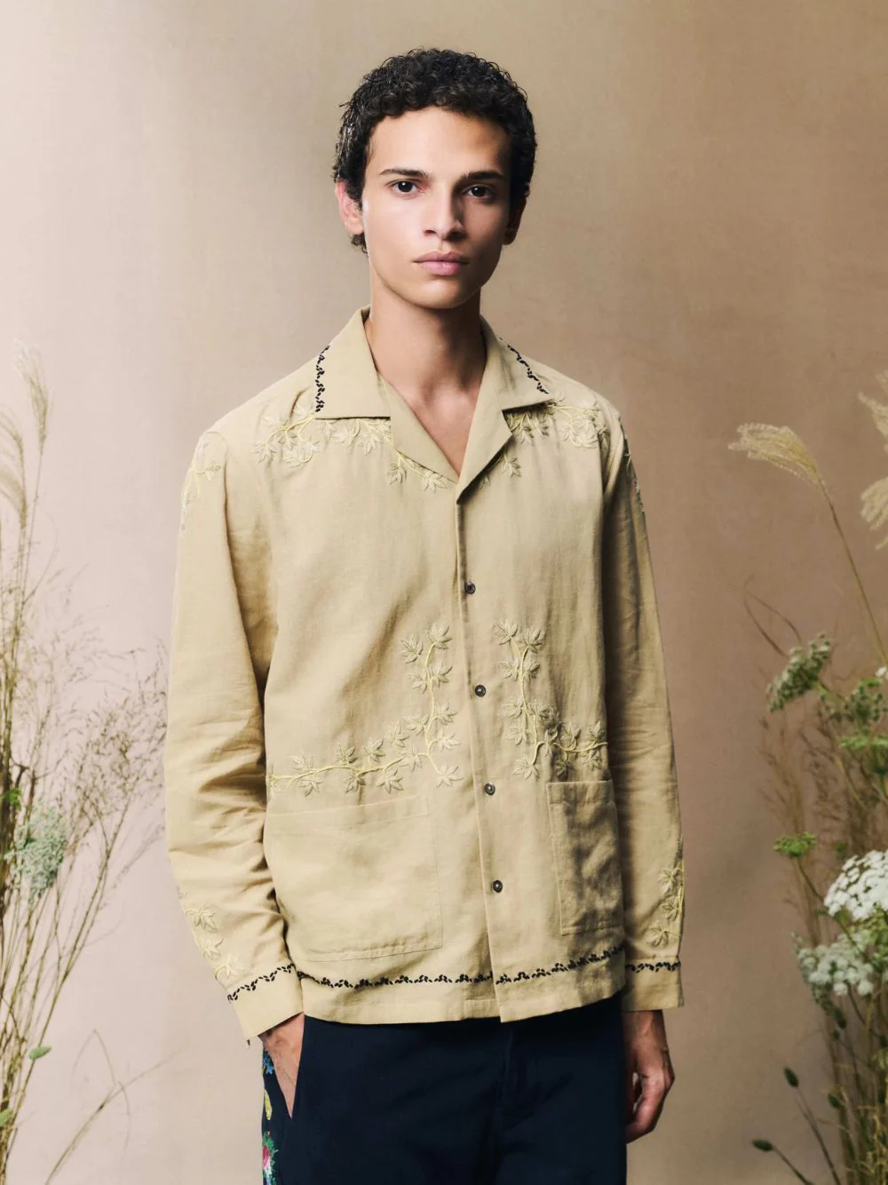 Beige Gevrey Embroidered Hemp Shirt - Image 2