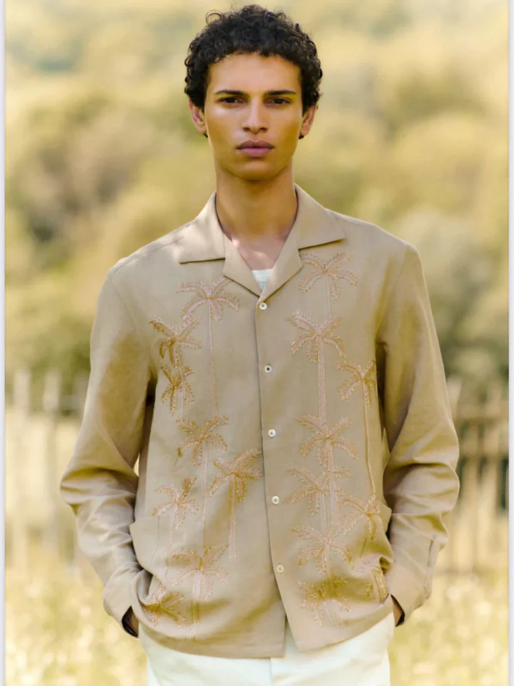 Beige Palm Groove Embroidered Shirt