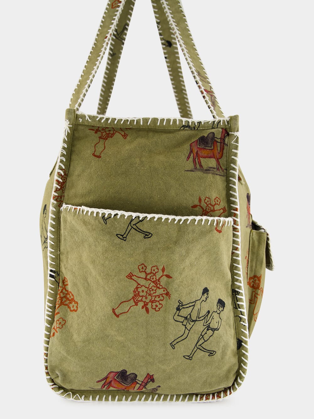 Khaki Green Cotton Pocket Tote Bag - Image 3