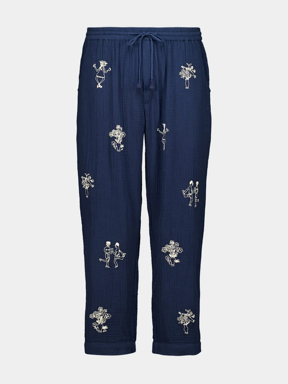 Navy Embroidered Cotton Trousers