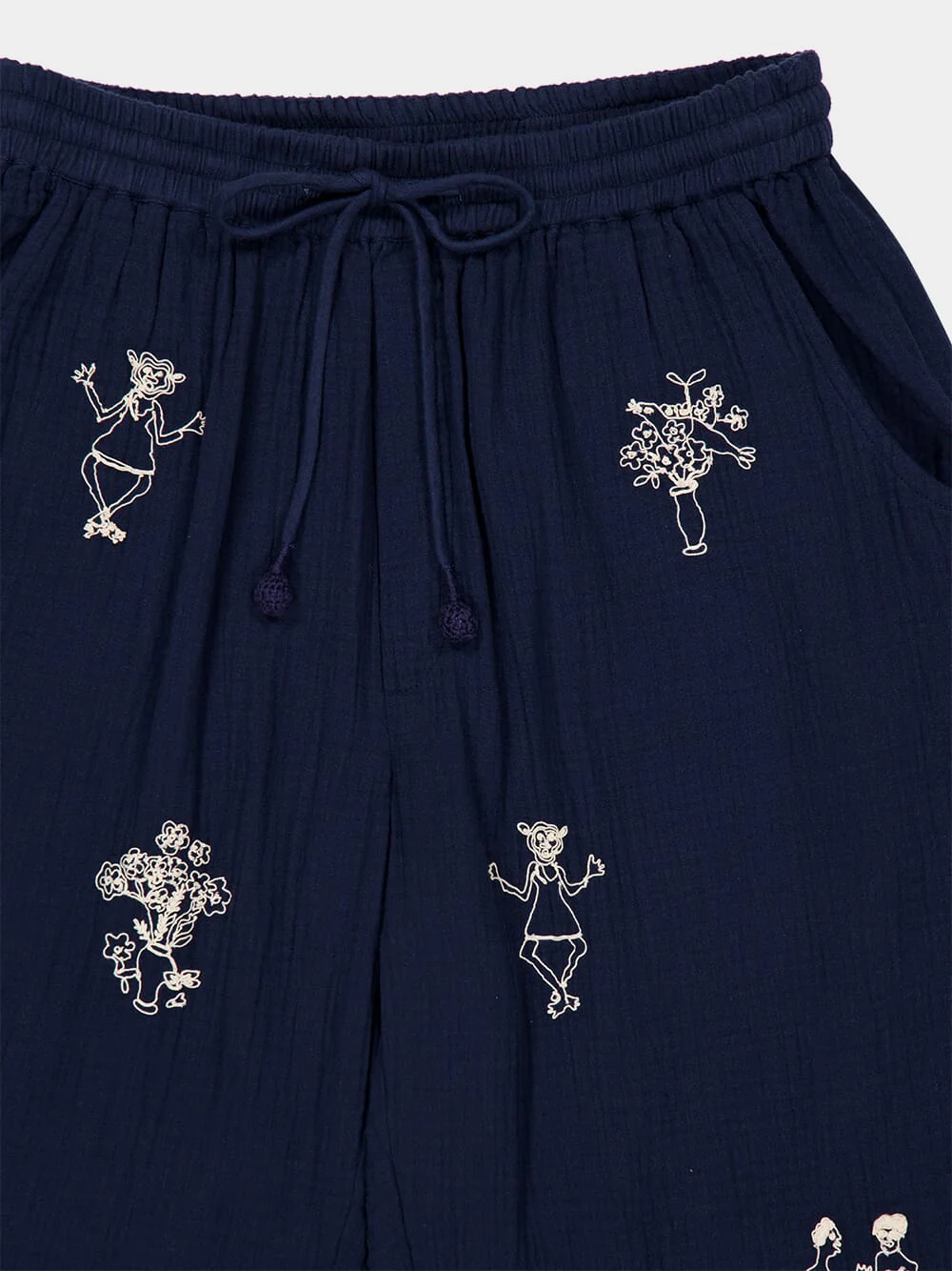 Navy Embroidered Cotton Trousers - Image 3