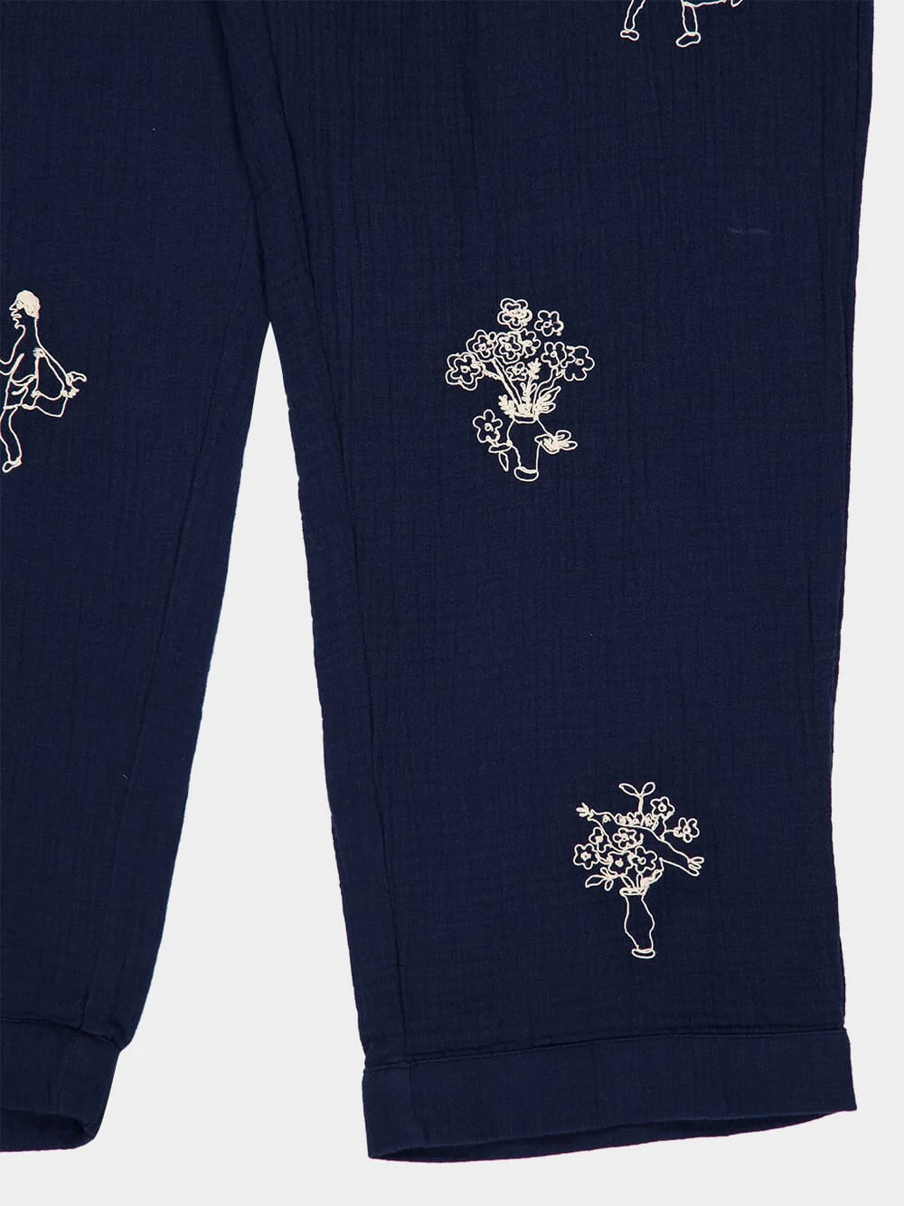 Navy Embroidered Cotton Trousers - Image 4