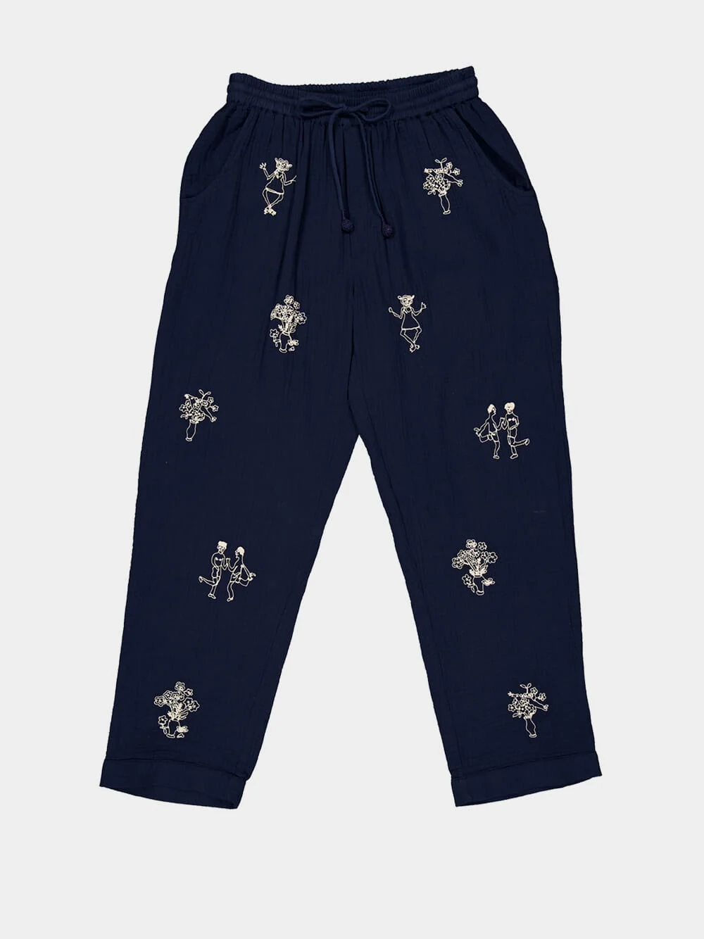 Navy Embroidered Cotton Trousers - Image 5