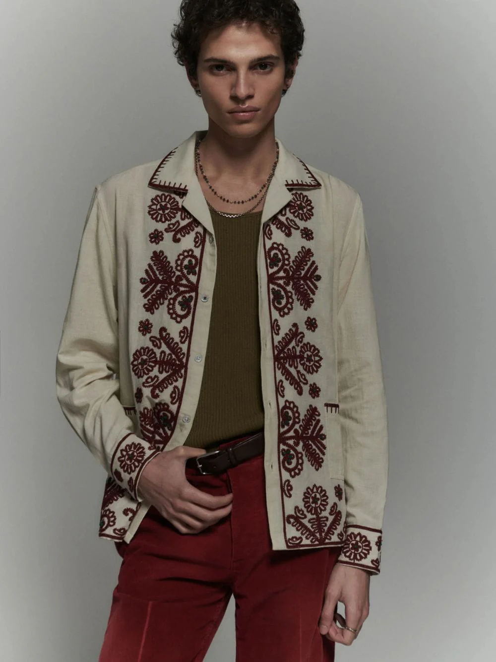 Off-White and Burgundy Fougere Shirt - Image 2