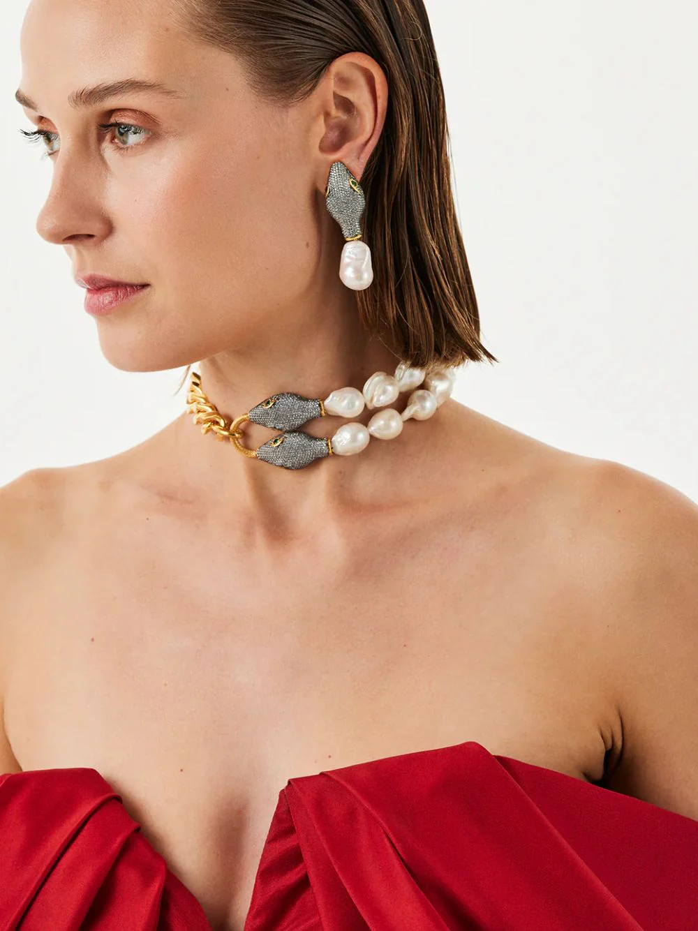 Gold-Plated Shahmaran Earrings with Pearls - Image 2