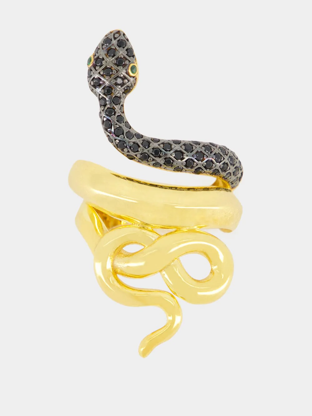 Gold-Plated Snake Ring with Black Crystals
