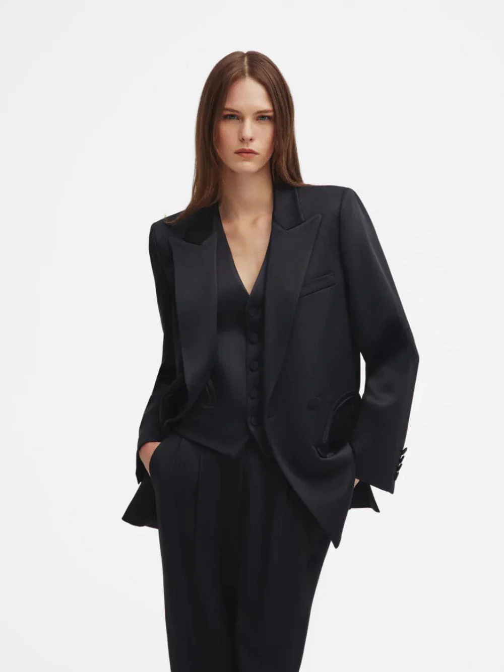 Dark Navy Double-Breasted Satin Blazer - Image 2