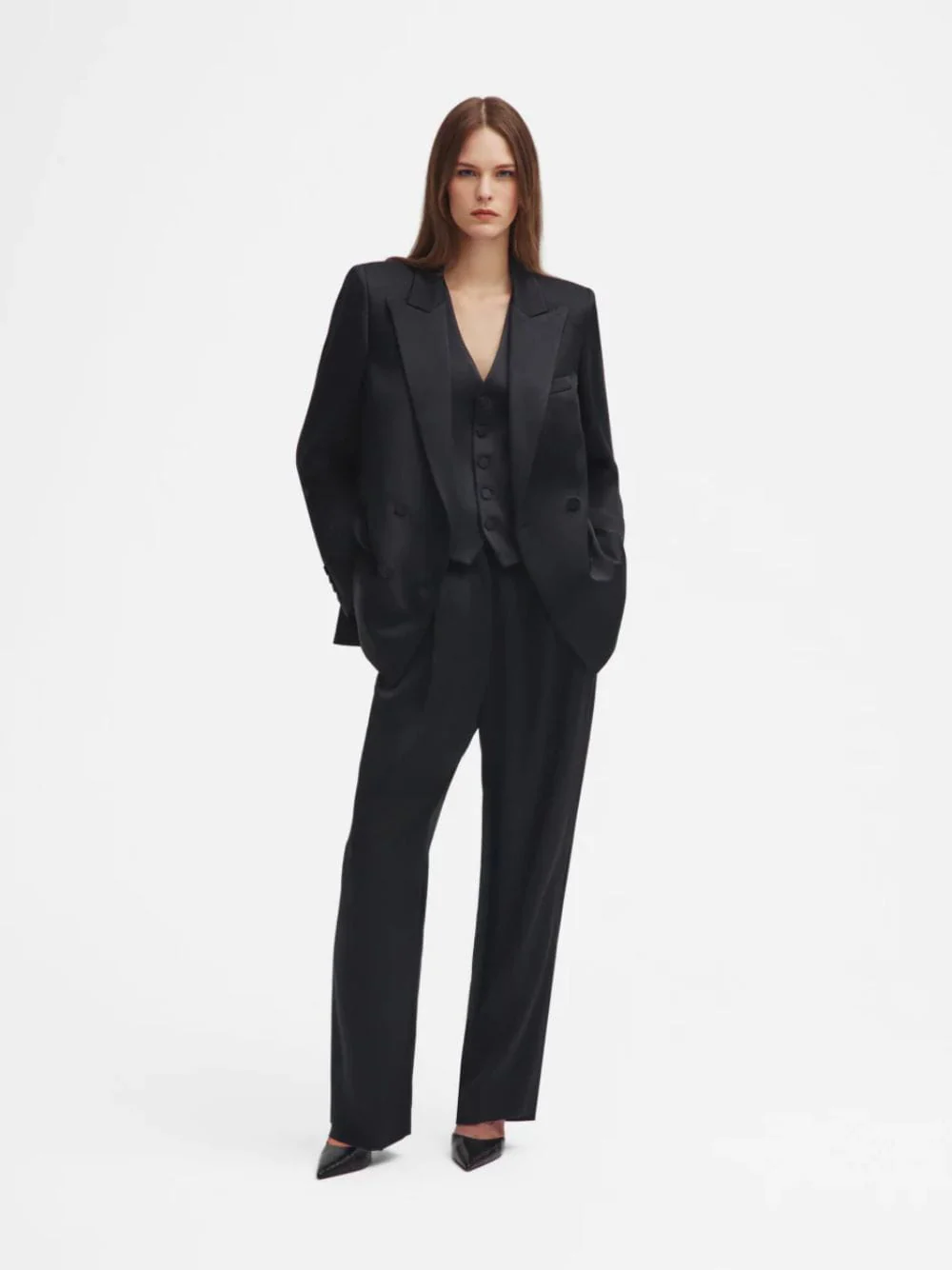 Novalis Dark Navy Satin Straight-Leg Trousers - Image 2