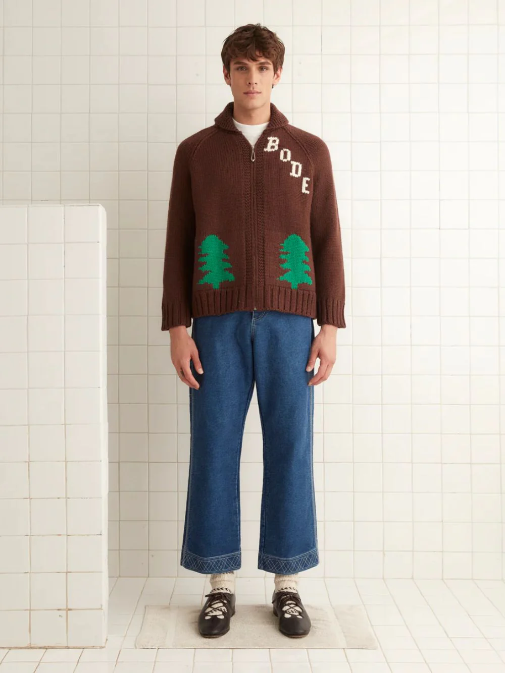 Brown Fir Shawl Collar Hand-Knit Cardigan