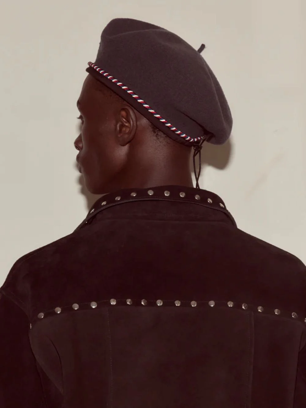 Charcoal Script Beret with Red and Blue Piping - Image 4