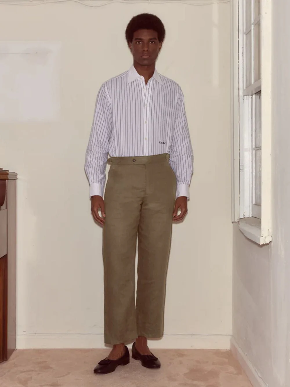 Olive Lightweight Linen Side-Buckle Trousers - Image 2