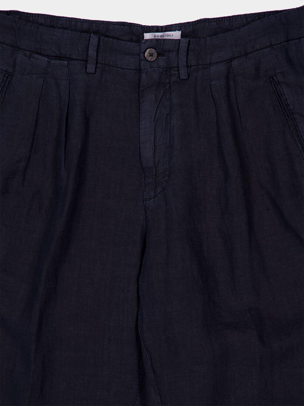 Navy Blue Straight-Fit Linen Trousers - Image 3