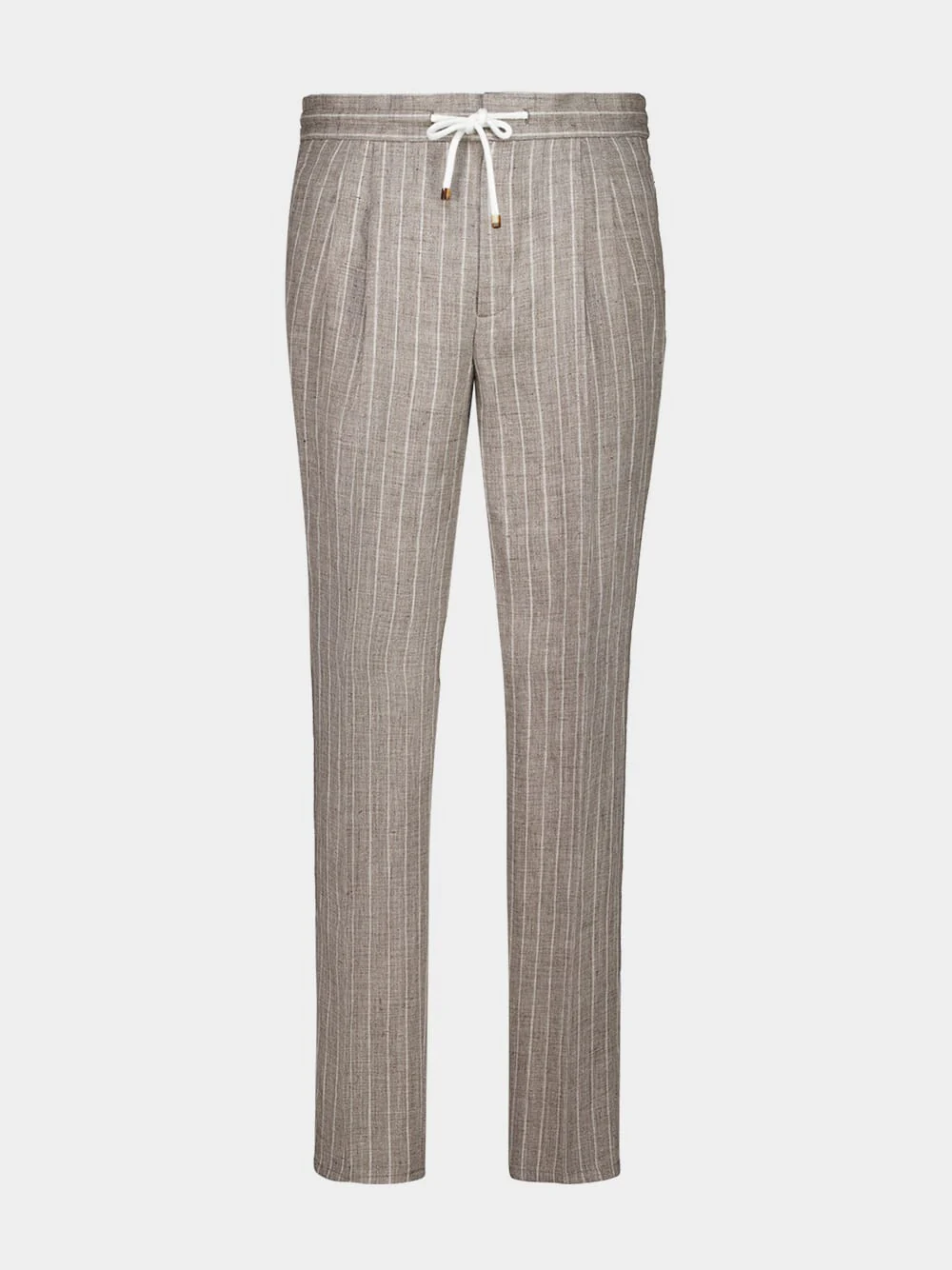Brown Chalk Stripe Linen Drawstring Trousers