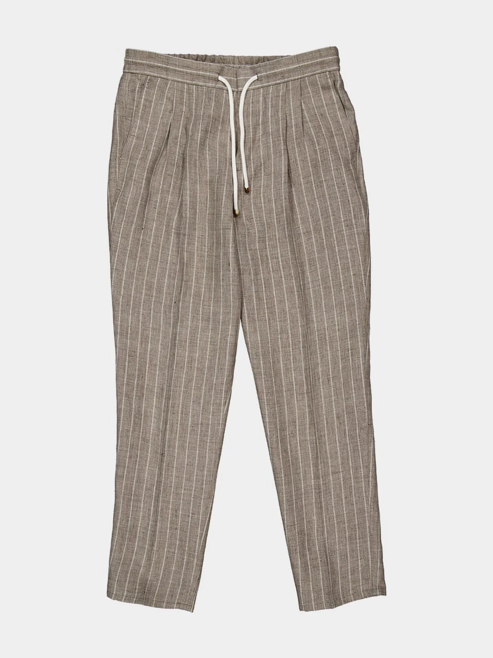 Brown Chalk Stripe Linen Drawstring Trousers - Image 6