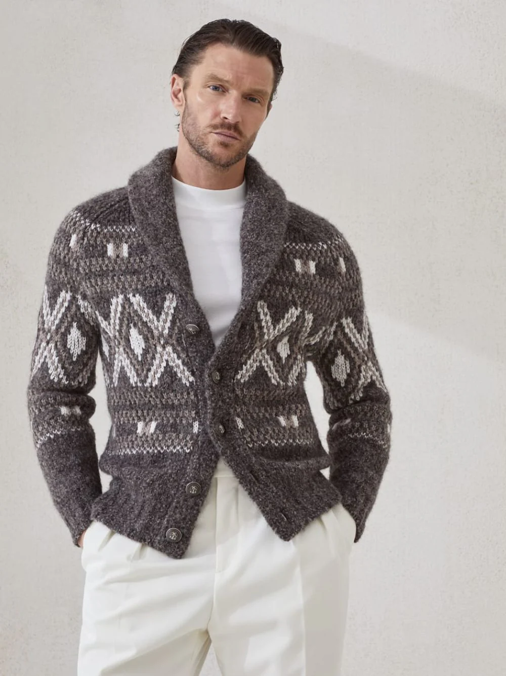 Brown Geometric Jacquard Alpaca Cardigan