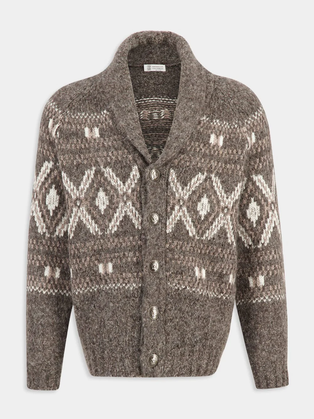 Brown Geometric Jacquard Alpaca Cardigan - Image 2