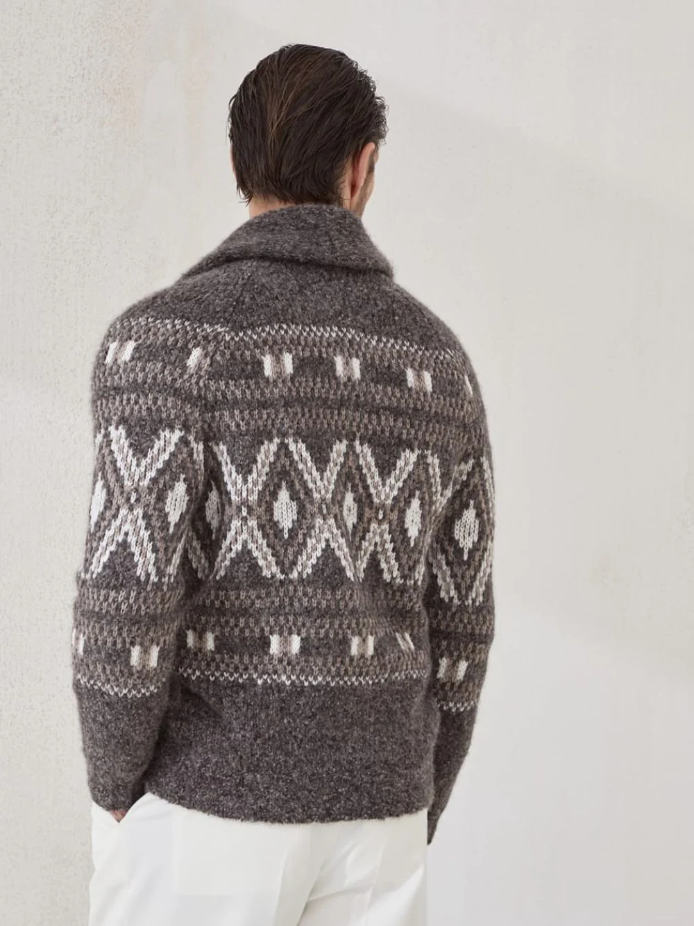 Brown Geometric Jacquard Alpaca Cardigan - Image 3