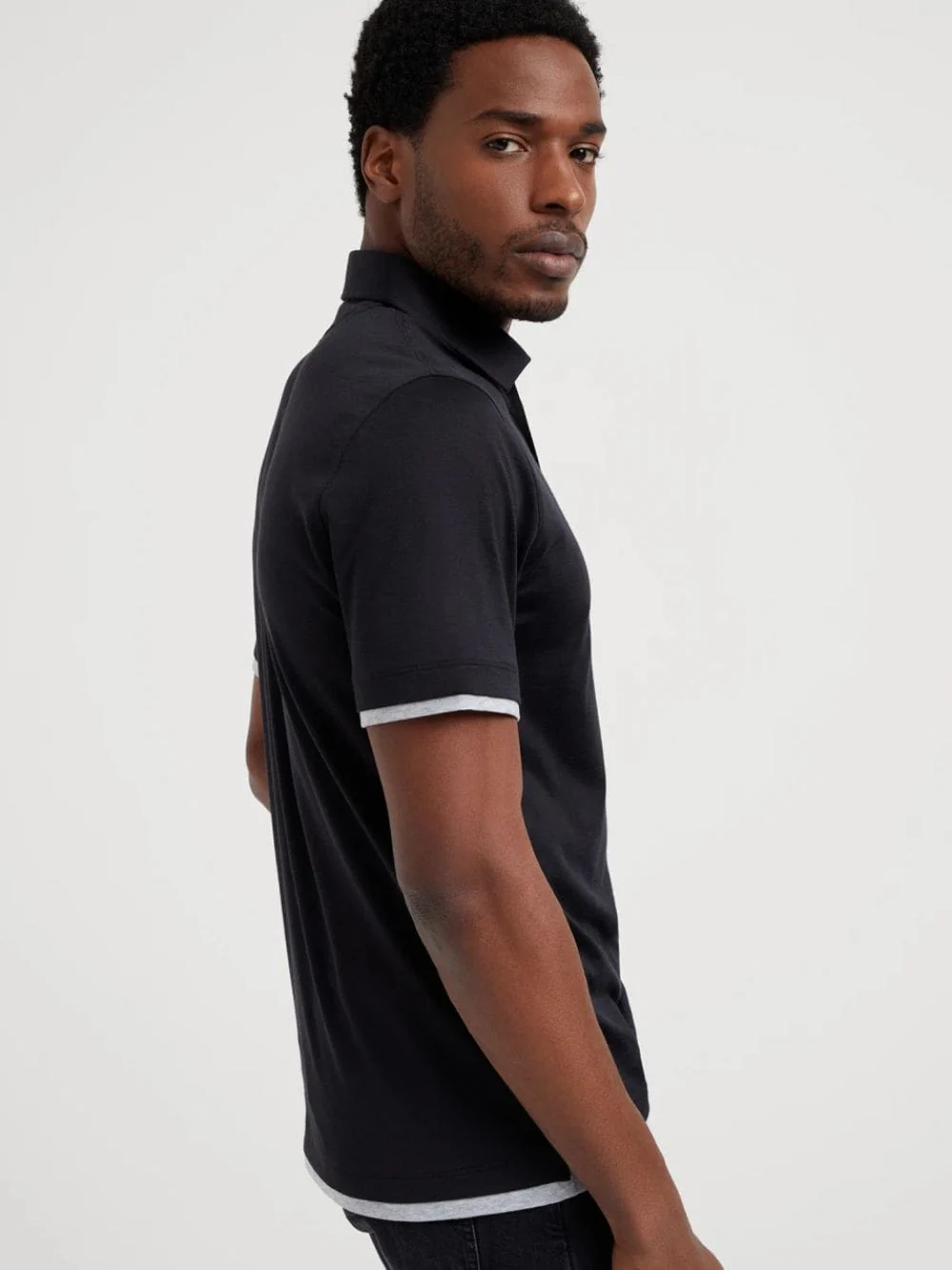Black Silk-Cotton Faux-Layer Polo - Image 4