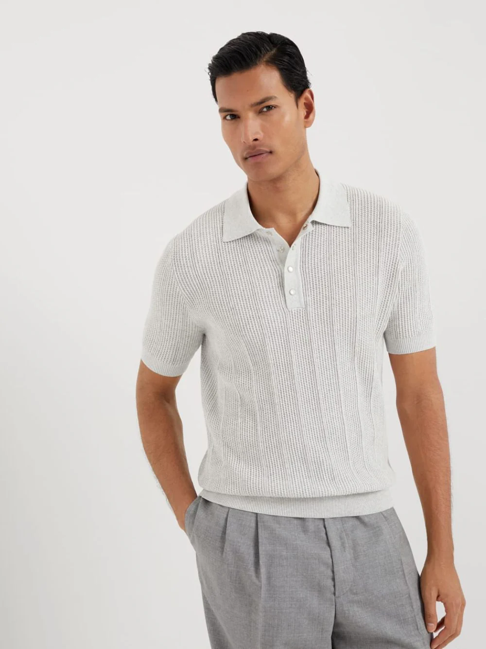 Light Grey Rib Knit Polo - Image 2