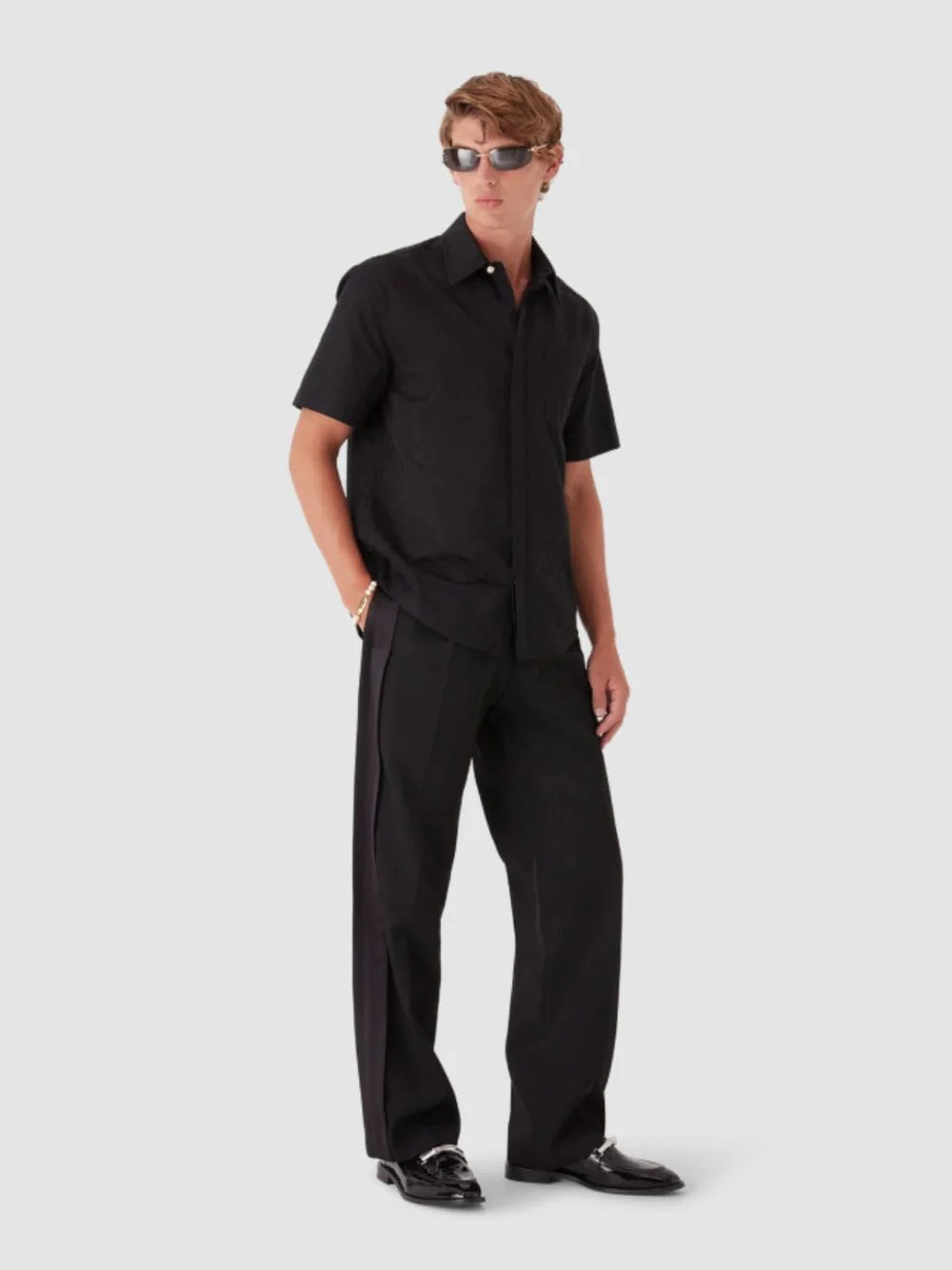 Black Cotton Monogram Short-Sleeve Shirt