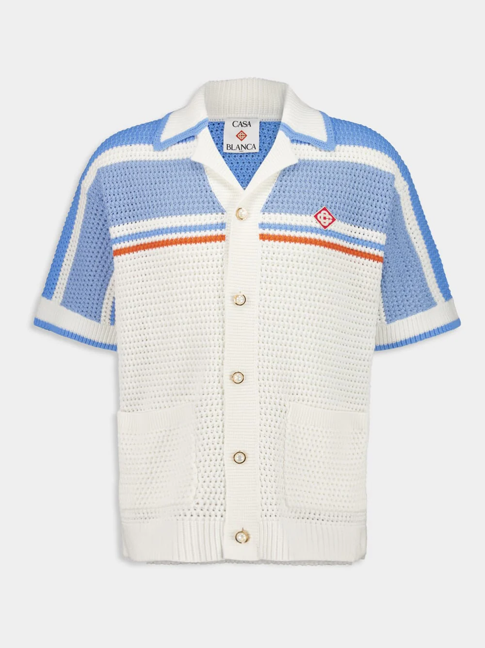 Blue Cotton Tennis Short Sleeve Crochet Shirt