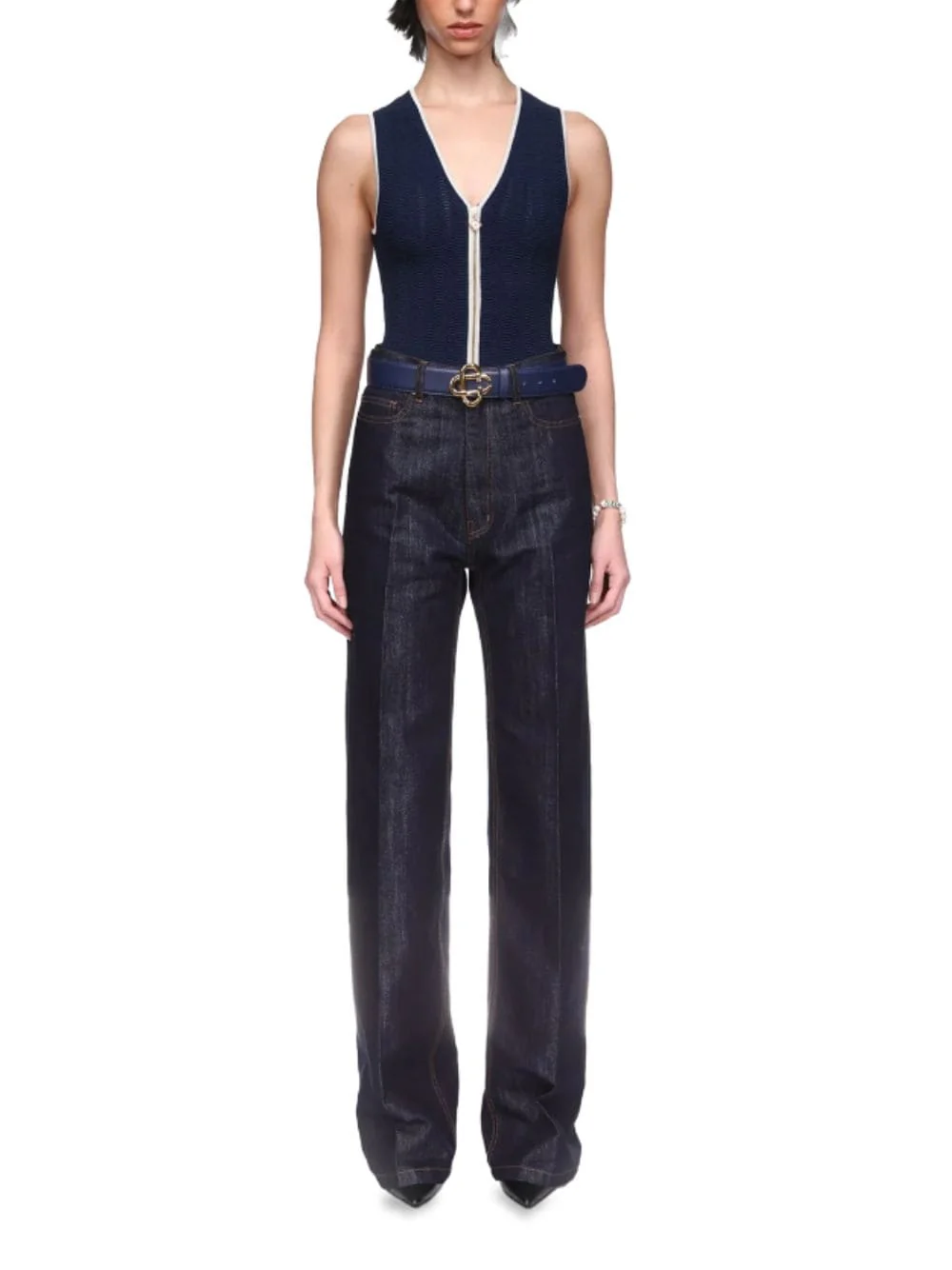 Navy Blue Washed Indigo Silver Lurex Wide-Leg Jeans - Image 2