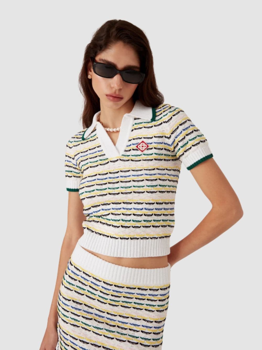 Cotton Tuck Stitch Cropped Polo Shirt in Multicolour - Image 2