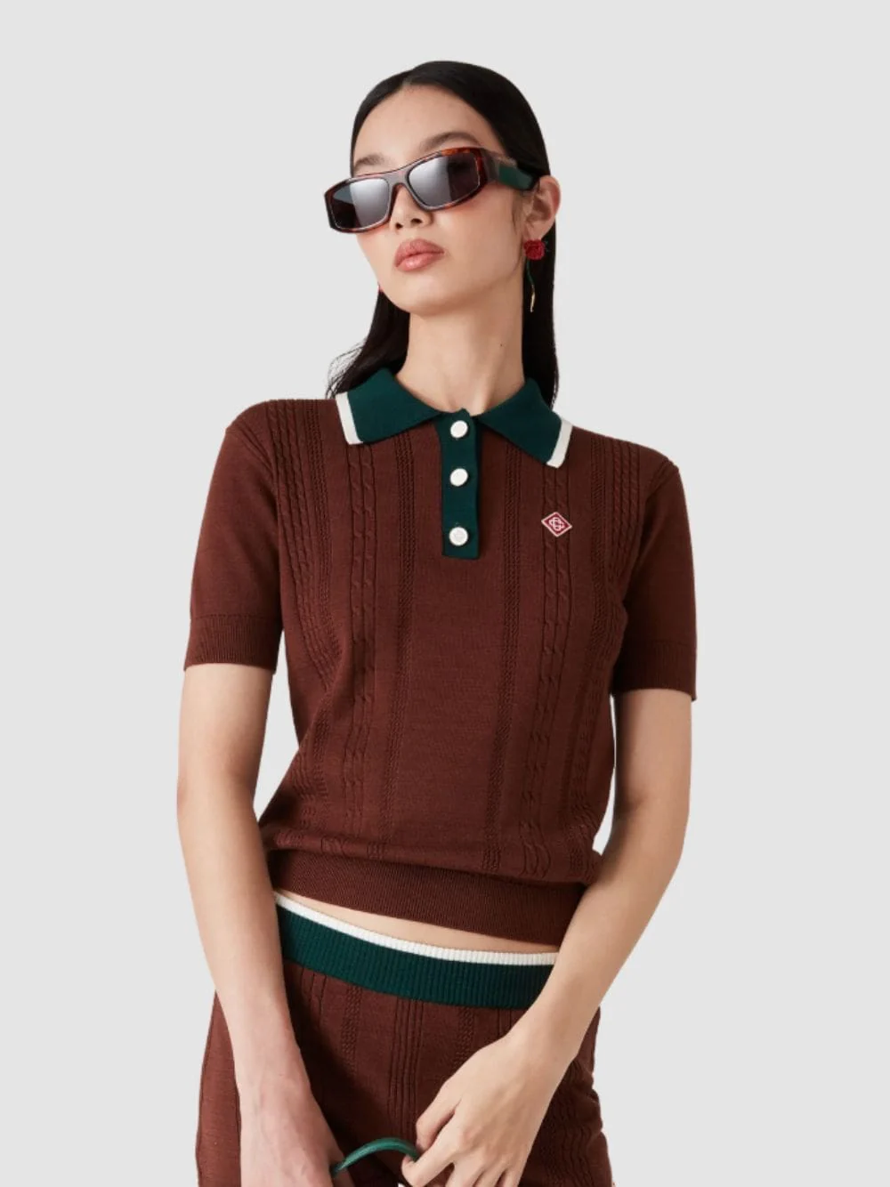Dark Brown Cable Knit Polo Shirt - Image 6