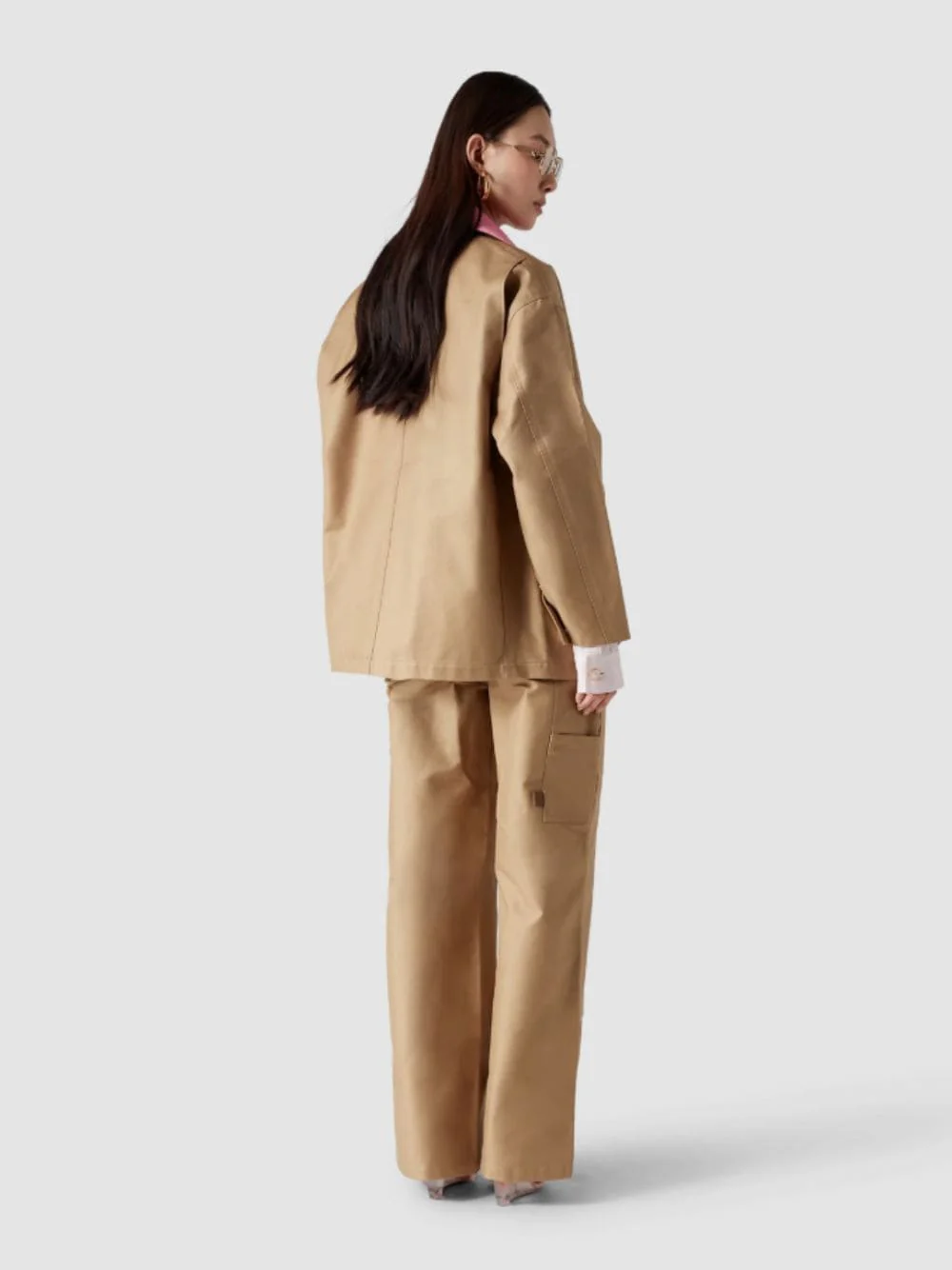 Ecru Cotton Workwear Jacket with Contrast Collar - Image 3