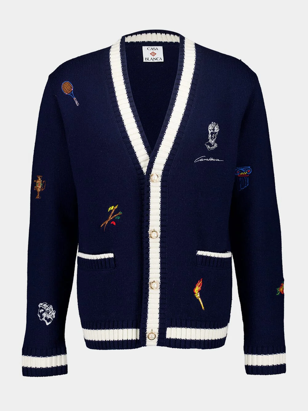 Navy Embroidered Wool-Cashmere Cardigan