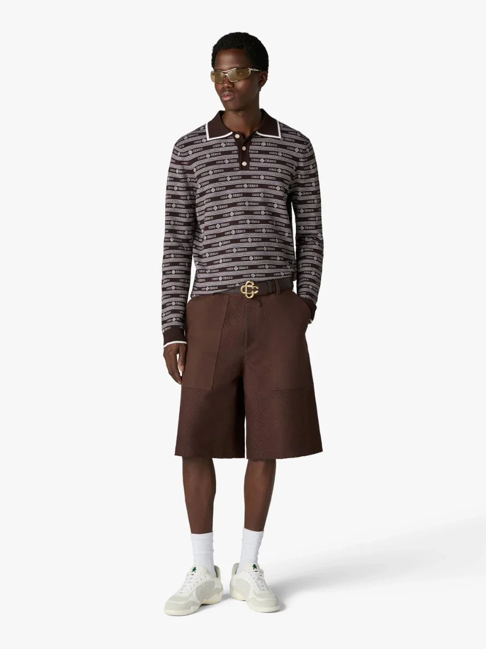 Dark Brown Knit Logo Long Sleeve Polo Shirt