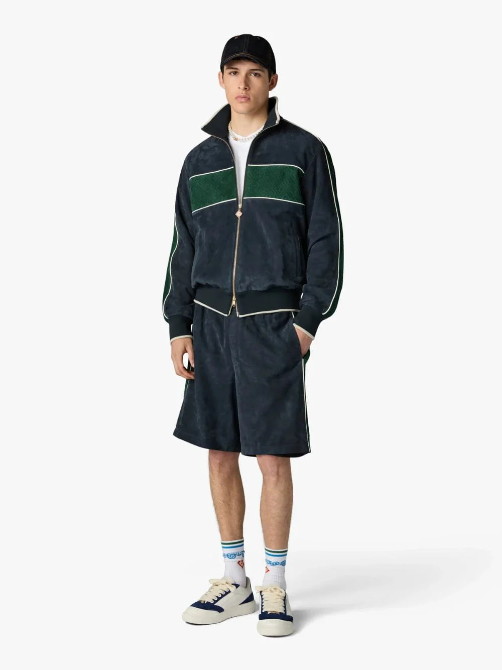 Navy Blue and Green Suede Track Jacket