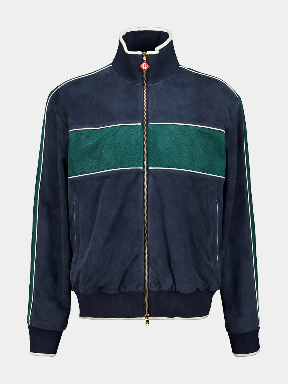 Navy Blue and Green Suede Track Jacket - Image 2