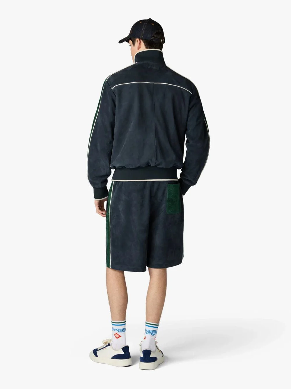 Navy Blue and Green Suede Track Jacket - Image 3