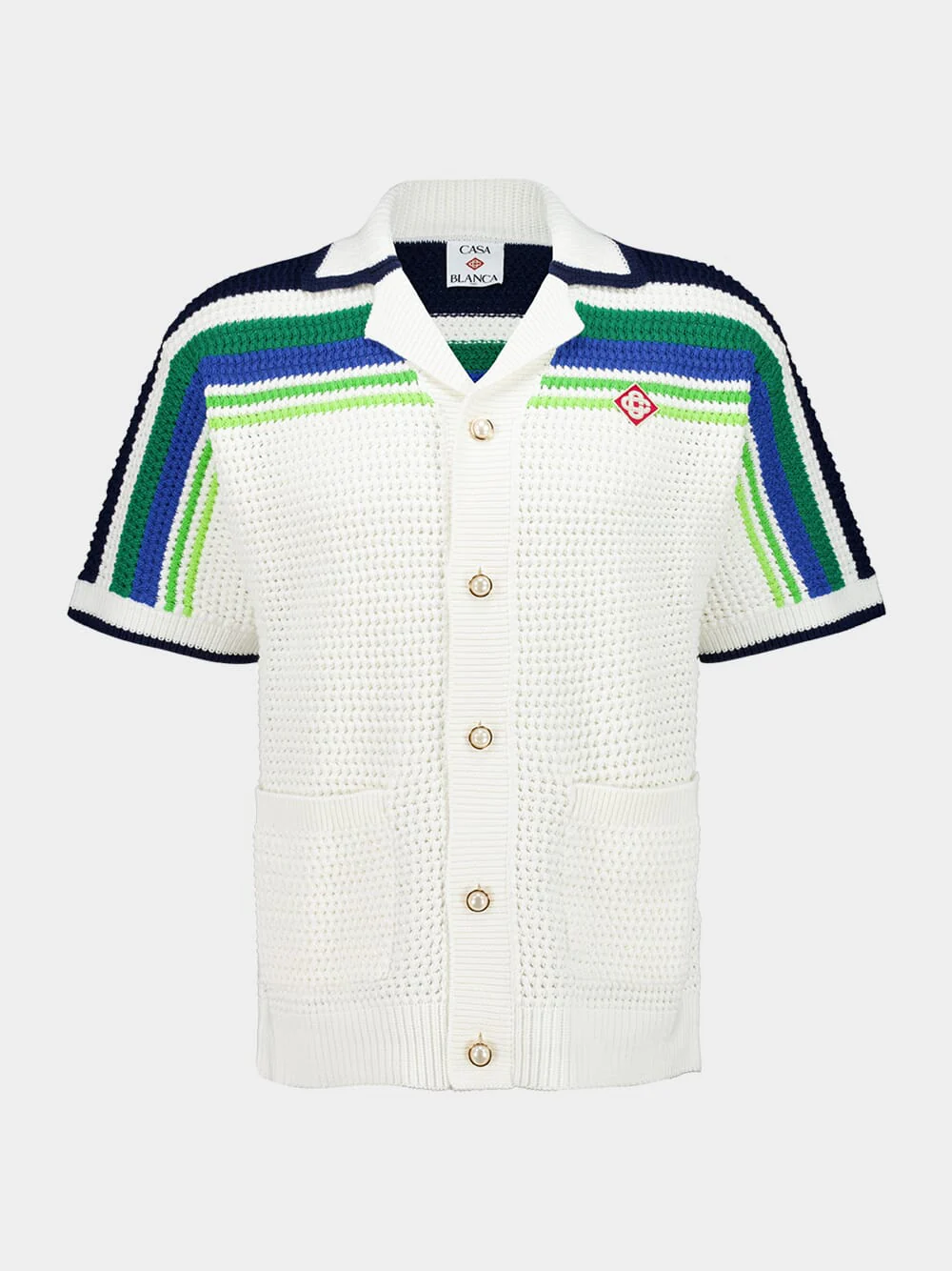 White and Blue Short Sleeve Stripe Knit Cotton Shirt