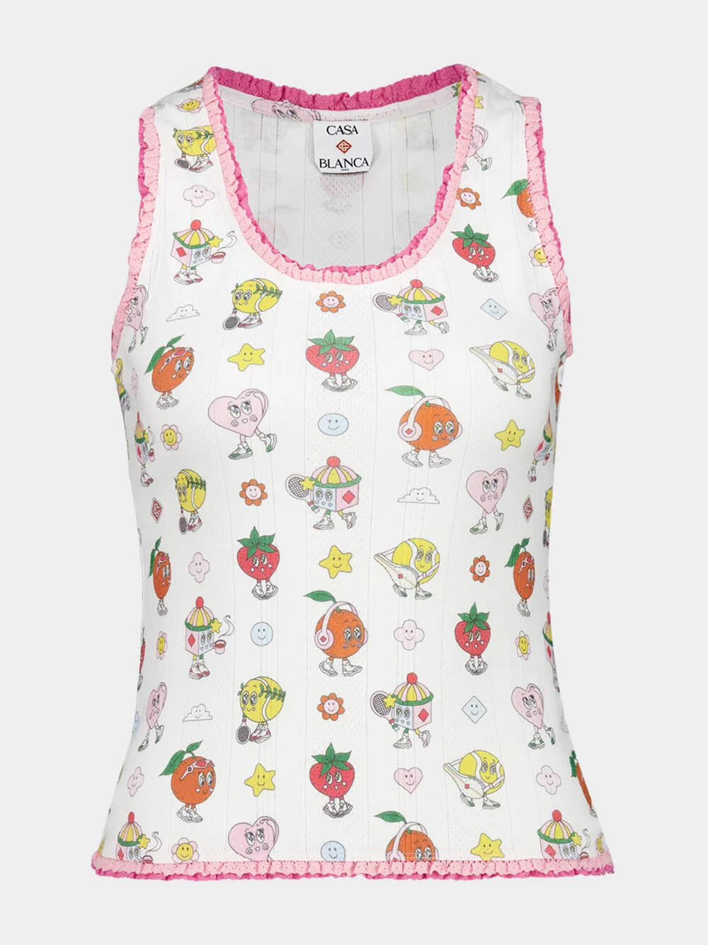 White Frill Tank Top with Cartoon Print
