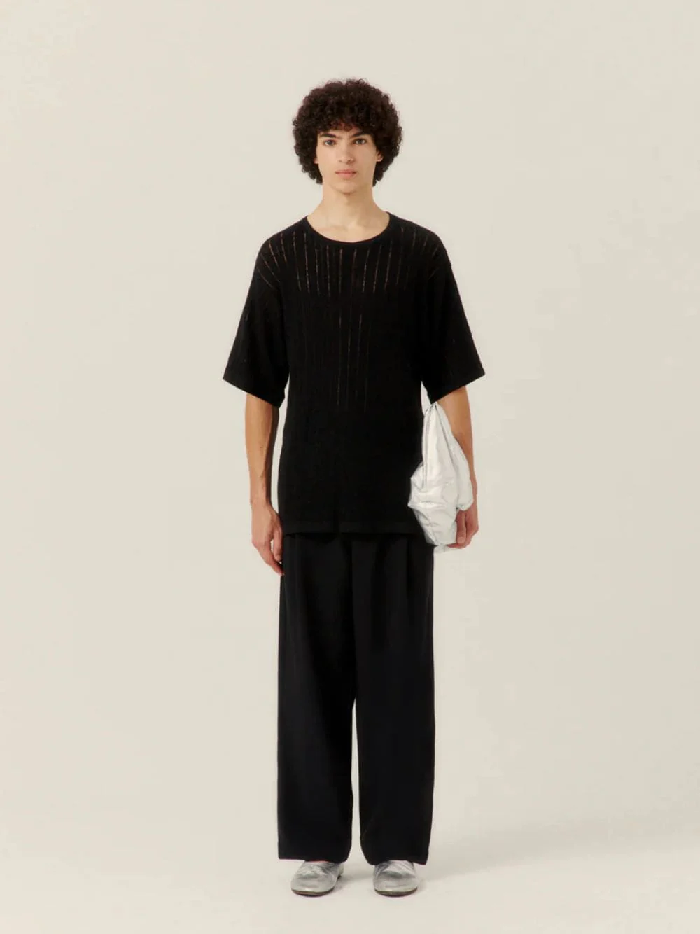 Black Pointelle Knit T-Shirt - Image 2