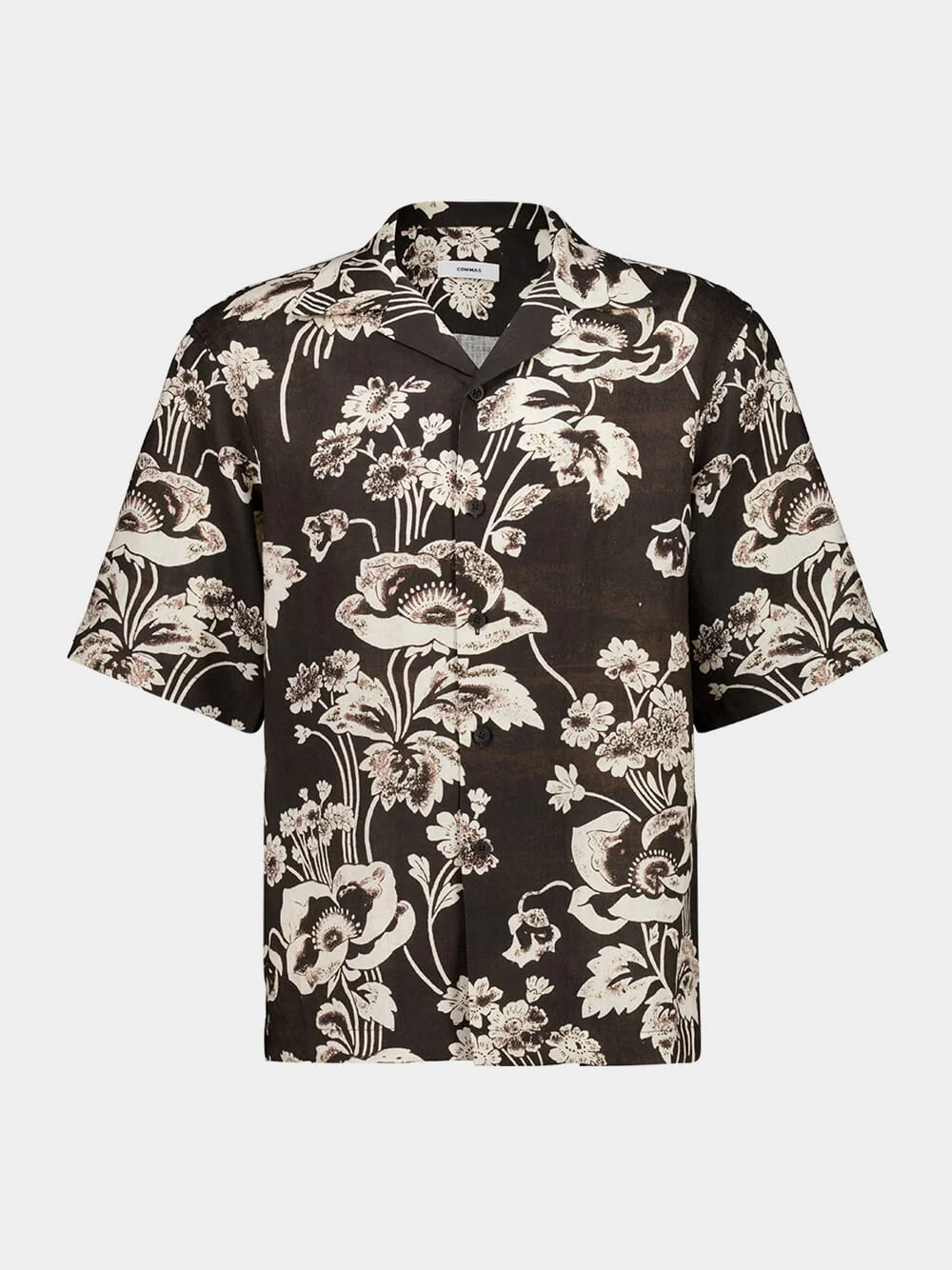 Black Shirt Painted Peonies Linen