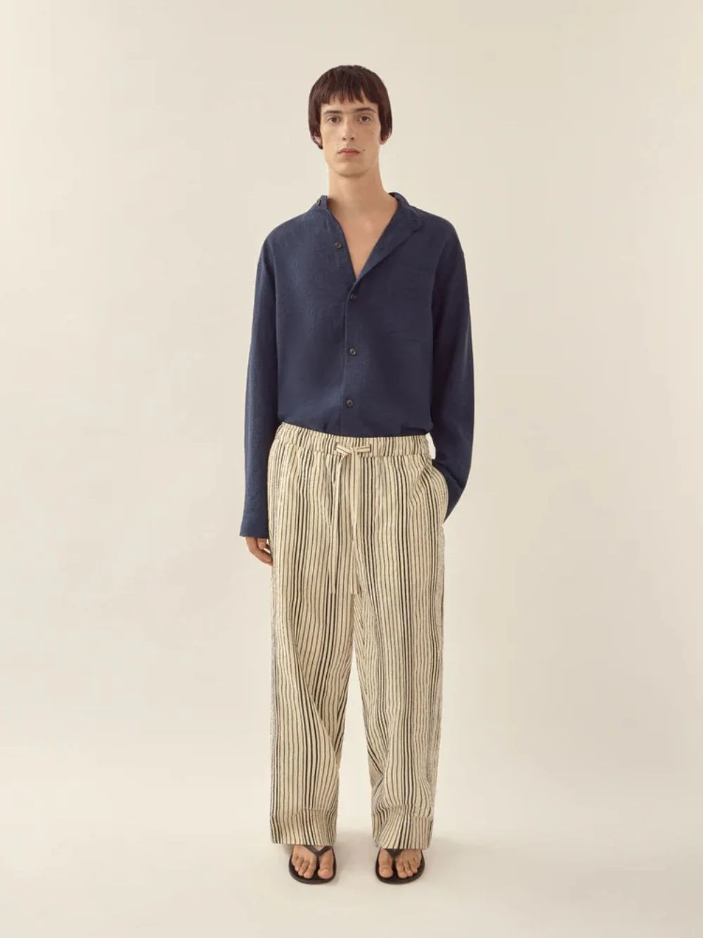 Cream Navy Relaxed Stripe Trousers