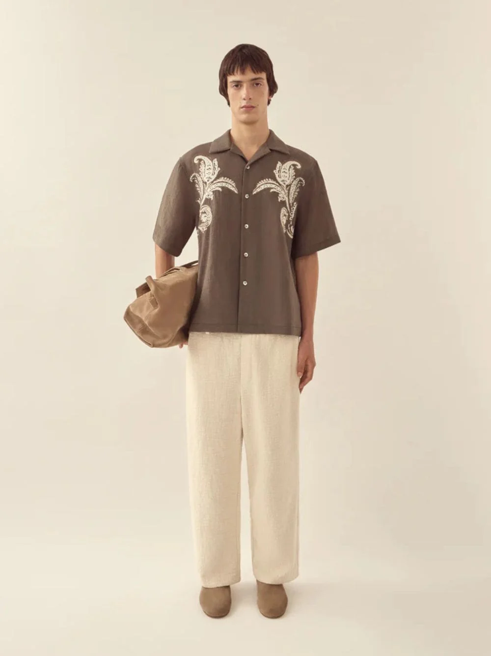 Dark Taupe Paisley Embroidered Camp Shirt - Image 2