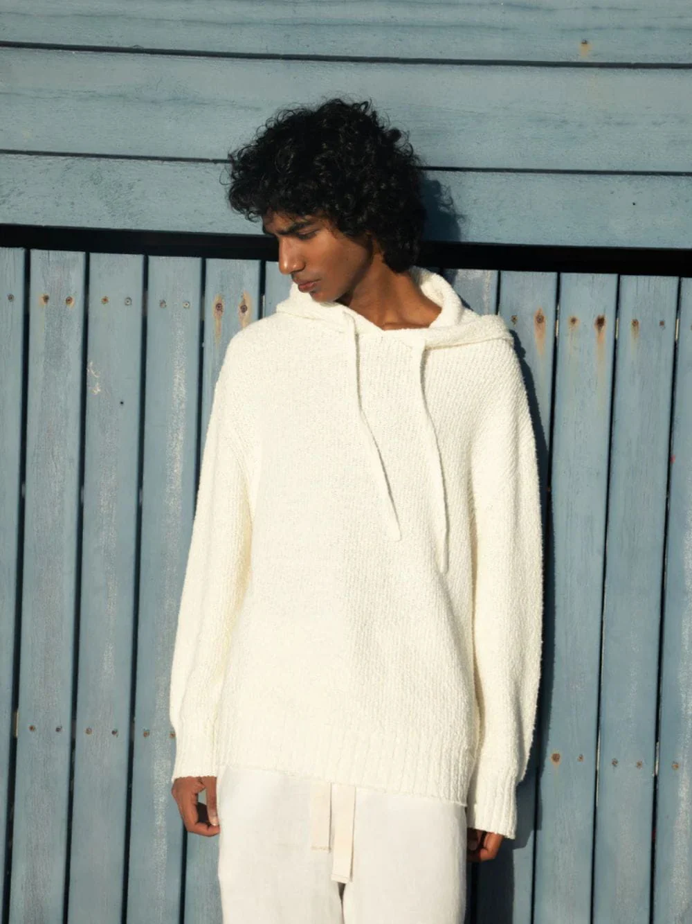 White Relaxed Knit Hooded Sweatshirt