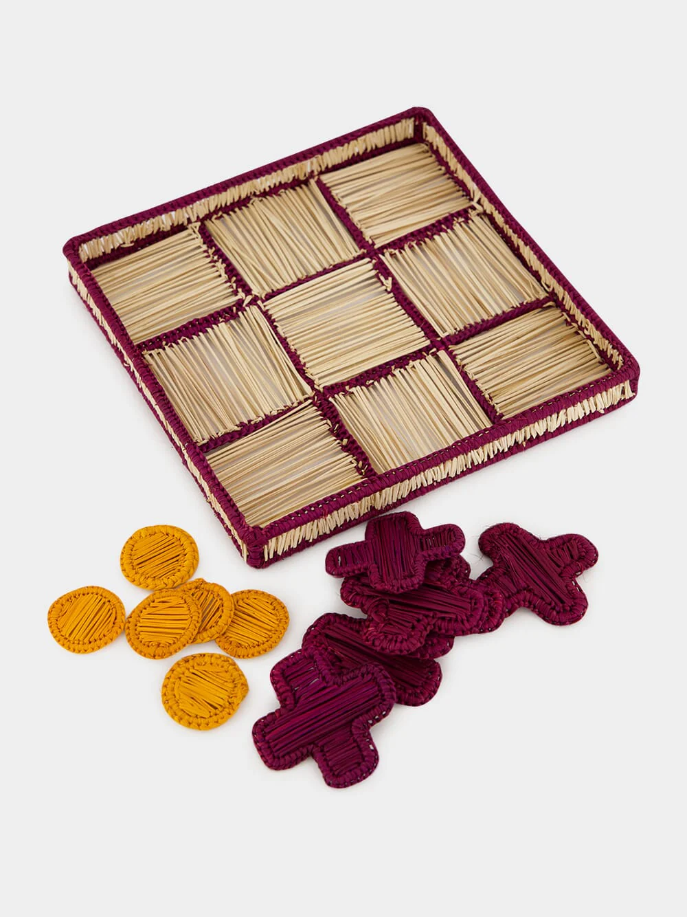 Natural and Burgundy Iraca Palm Tic Tac Toe Board Game - Image 2