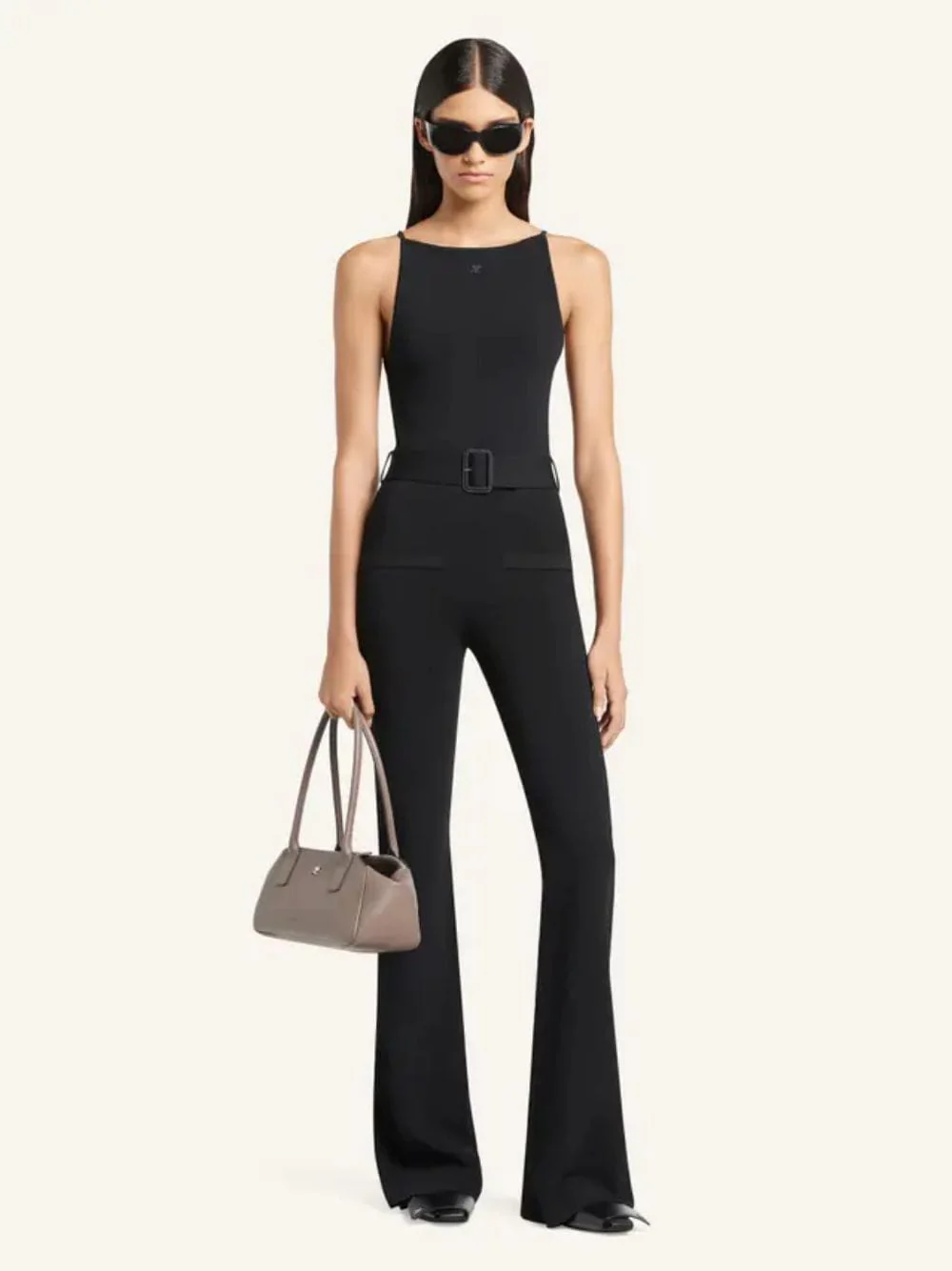 Black Belted Knit Wide-Leg Jumpsuit