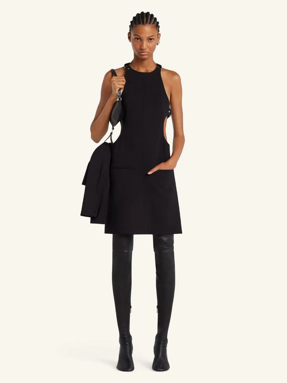 Black Buckled A-Line Wool Mini Dres
