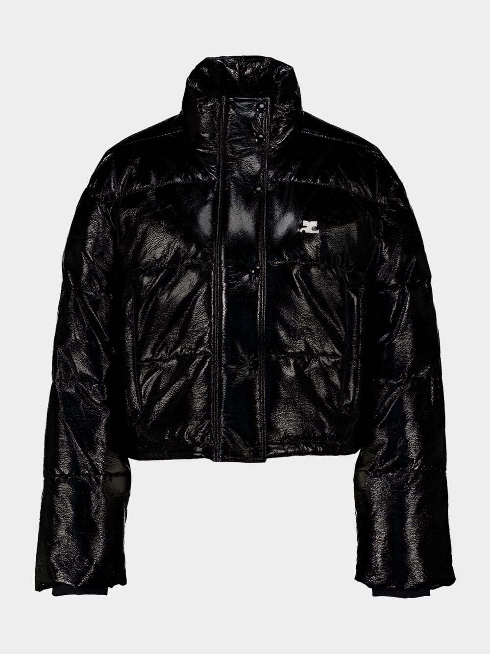 Black Cropped Vinyl Puffer Jacket - Image 2