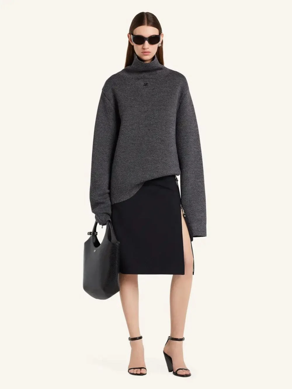 Black Grey Zipped Mockneck Merino Wool Jumper