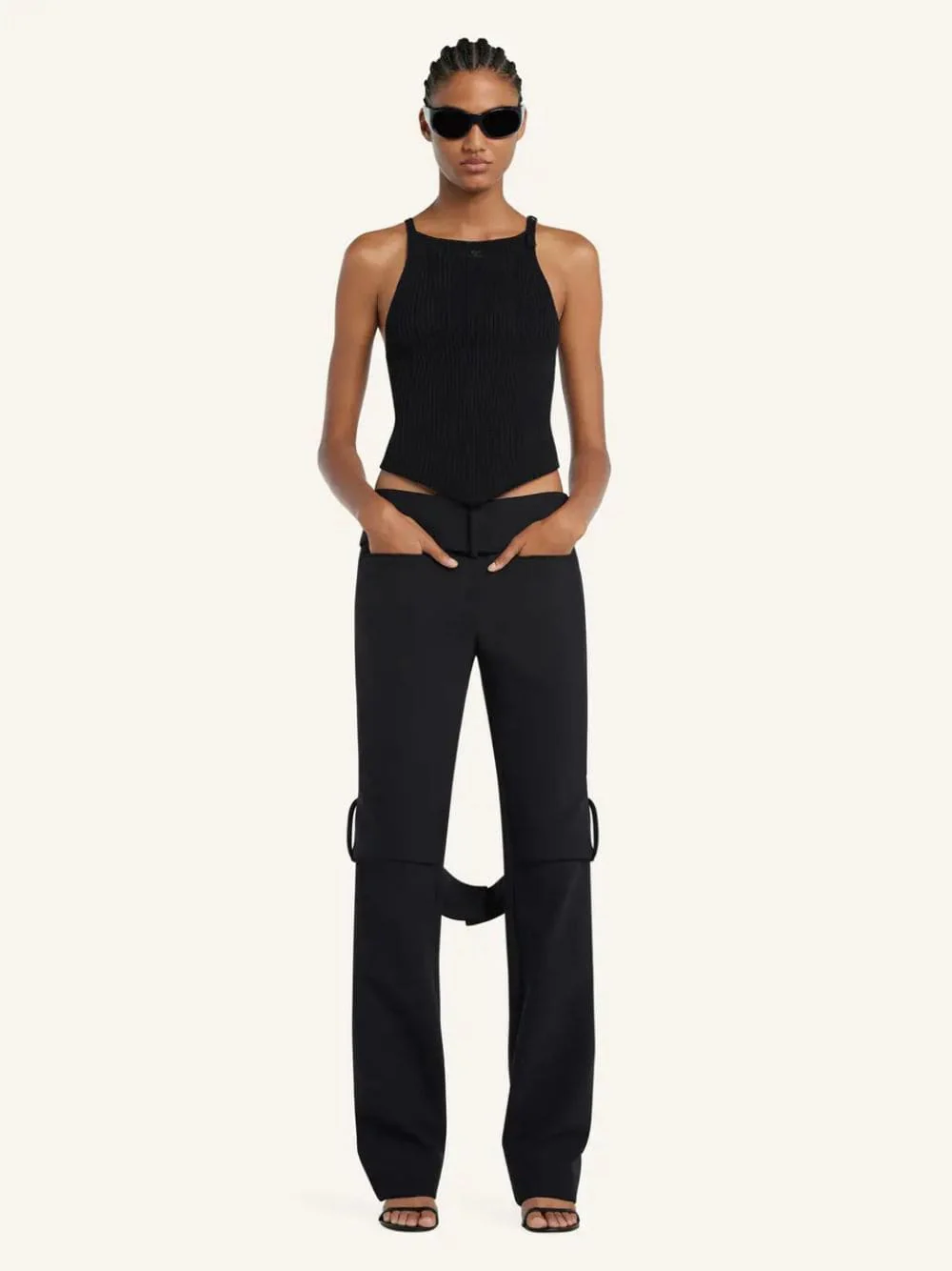 Black Pointy Buckle Rib Knit Top